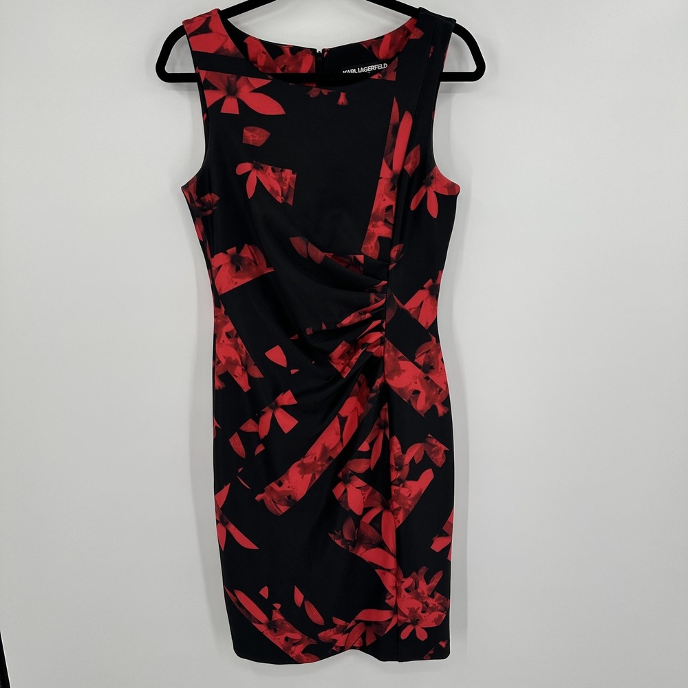 Karl Lagerfeld Paris Dress Womens 6 Black Red Floral Sheath Sleeveless Ruched
